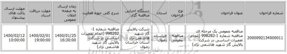مناقصه عمومی یک مرحله ای مناقصه شماره 1-998282 (انجام تعمیرات اساسی در شرکت پالایش گاز شهید هاشمی نژاد)
