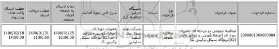 مناقصه عمومی دو مرحله ای تعمیرات دوره ای (اورهال)توربین و ژنراتور واحد  (S5)نیروگاه سیکل ترکیبی نکا   