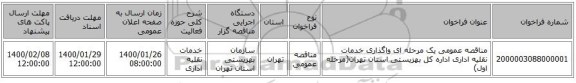 مناقصه عمومی یک مرحله ای واگذاری خدمات نقلیه اداری اداره کل بهزیستی استان تهران(مرحله اول) 