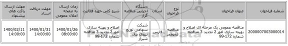 مناقصه عمومی یک مرحله ای اصلاح و بهینه سازی امور 2 تجدید 3 مناقصه شماره 172-99