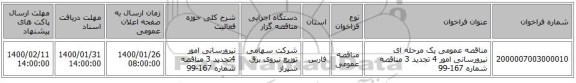 مناقصه عمومی یک مرحله ای نیرورسانی امور 4 تجدید 3 مناقصه شماره 167-99