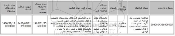 مناقصه عمومی یک مرحله ای خرید اگزاست فن های بیمارستان تخصصی و فوق تخصصی فرخی