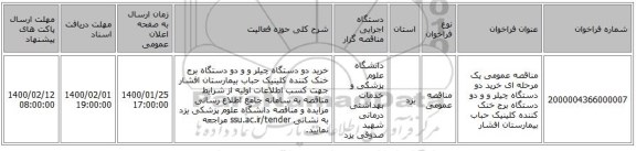 مناقصه عمومی یک مرحله ای خرید دو دستگاه چیلر و و دو دستگاه برج خنک کننده کلینیک حباب بیمارستان افشار