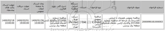 مناقصه عمومی همزمان با ارزیابی (فشرده) یک مرحله ای مناقصه شماره 37/1400 واگذاری آژانس خدمات مشترکین منطقه برق پردیس