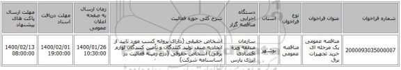 مناقصه عمومی یک مرحله ای خرید تجهیزات برق