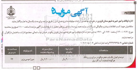 مزایده, مزایده اجاره تصدی از رقبات موقوفات - نوبت دوم