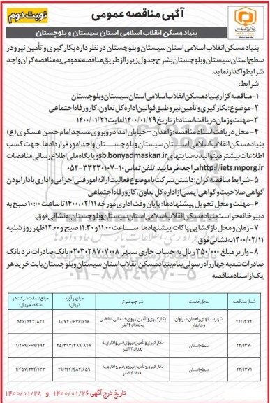 مناقصه بکارگیری و تامین نیرو در سطح استان نوبت دوم 