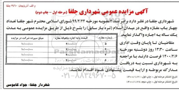 مزایده،مزایده واگذاری به اجاره  تعداد چهار باب مغازه