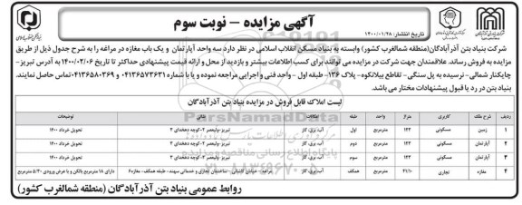 مزایده فروش سه واحد آپارتمان و یک باب مغازه