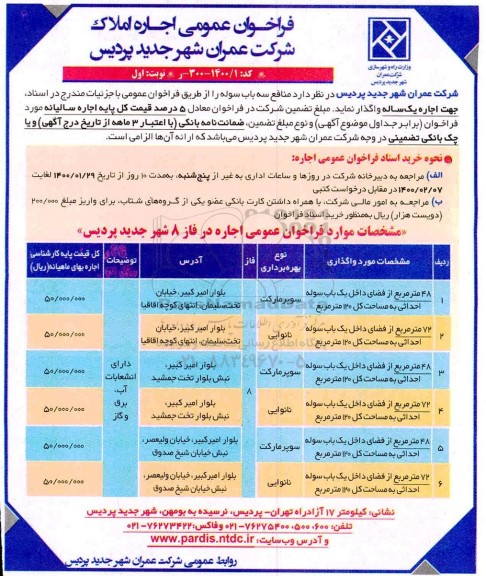 فراخوان عمومی , فراخوان اجاره املاک 