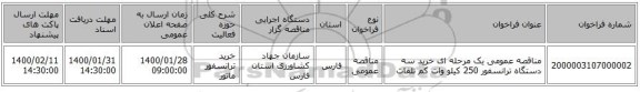 مناقصه عمومی یک مرحله ای خرید سه دستگاه ترانسفور 250 کیلو وات کم تلفات