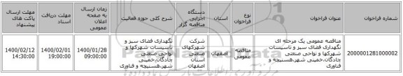 مناقصه عمومی یک مرحله ای نگهداری فضای سبز و تاسیسات شهرکها و نواحی صنعتی چادگان،خمینی شهر،هسنیچه و فناوری