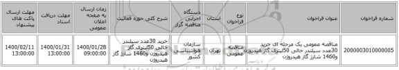 مناقصه عمومی یک مرحله ای خرید 30عدد سیلندر خالی 50لیتری گاز هیدروژن و1460 شارژ گاز هیدروژن