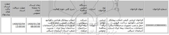 فراخوان ارزیابی کیفی انتخاب پیمانکار طراحی دکوراتیو، ساخت، فروش، حمل و نصب تجهیزات و مبلمان سالن اجتماعات ساختمان بیمه ایران استان آذربایجان شرقی