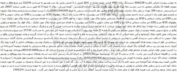 آگهی مزایده ششدانگ پلاک 4983 فرعی مفروز مجزی از 2041 فرعی از 2 اصلی