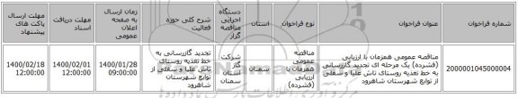 مناقصه عمومی همزمان با ارزیابی (فشرده) یک مرحله ای تجدید گازرسانی به خط تغذیه روستای تاش علیا و سفلی از توابع شهرستان شاهرود 