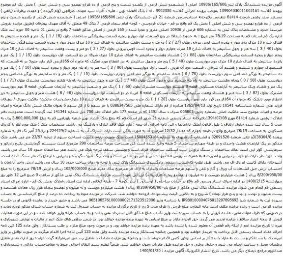 آگهی مزایده ششدانگ پلاک ثبتی10936/165/606 اصلی