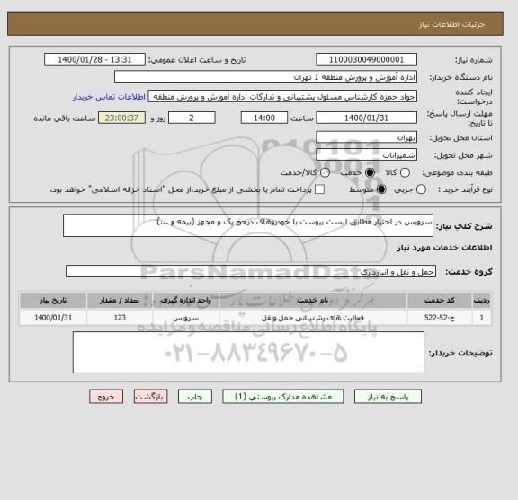 استعلام سرویس در احتیار مطابق لیست پیوست با خودروهای درجخ یک و مجهز (بیمه و ...)