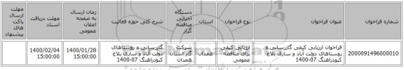 فراخوان ارزیابی کیفی گازرسانی ه روستاهای دولت آباد و ساری بلاغ کبودراهنگ 07-1400