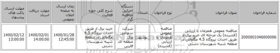 مناقصه عمومی همزمان با ارزیابی (فشرده) یک مرحله ای خرید برق از طریق احداث نیروگاه 4.5 مگاواتی در منطقه شنبه شهرستان دشتی