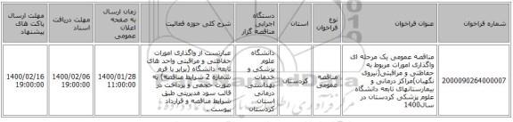 مناقصه عمومی یک مرحله ای واگذاری امورات مربوط به حفاظتی و مراقبتی(نیروی نگهبان)مراکز درمانی و بیمارستانهای تابعه دانشگاه علوم پزشکی کردستان در سال1400