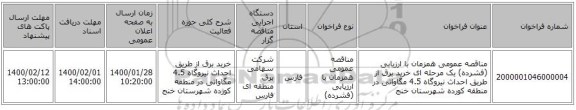مناقصه عمومی همزمان با ارزیابی (فشرده) یک مرحله ای خرید برق از طریق احداث نیروگاه  4.5 مگاواتی در منطقه کورده شهرستان خنج 