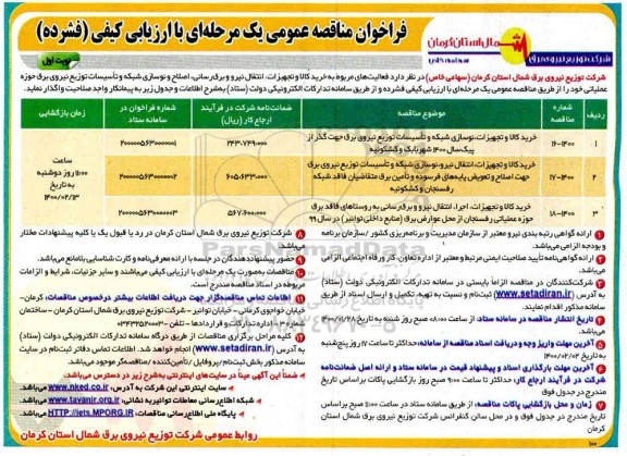 مناقصه، مناقصه فعالیت های مربوط به خرید کالا و تجهیزات، انتقال نیرو و برق رسانی، اصلاح و ... 