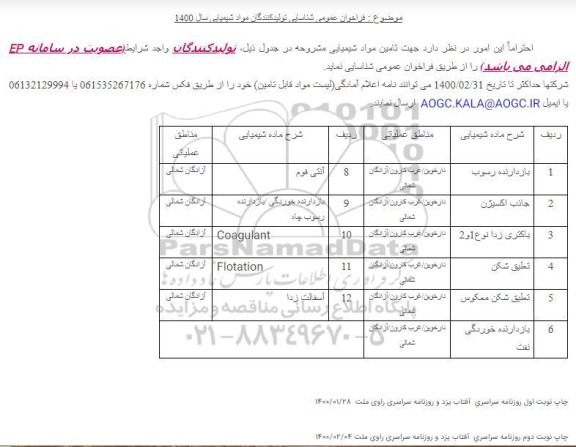 فراخوان شناسایی تولیدکنندگان مواد شیمیایی جهت  تامین مواد شیمیایی ..