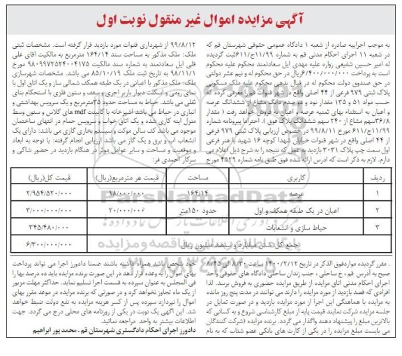 مزایده، مزایده فروش ششدانگ پلاک ثبتی 979 فرعی از 44 
