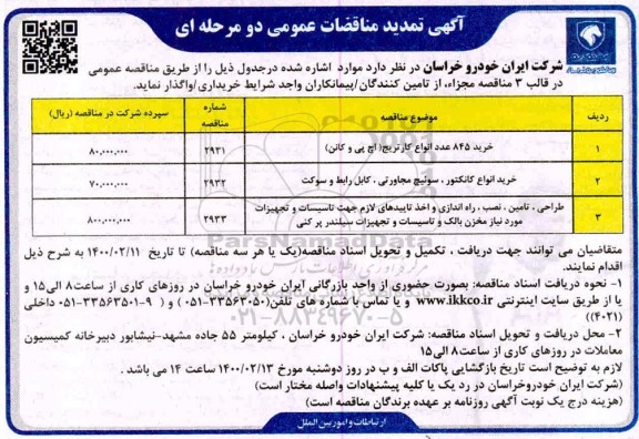 تمدید مناقصه عمومی، تمدید مناقصه عمومی خرید 845 عدد انواع کارتریج (اچ پی و کانن) ... 