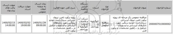 مناقصه عمومی یک مرحله ای پروژه برآورد تامین نیروی آبرسانی سیار(راننده خودرو سنگین جهت تانکرهای آبرسانی و ایسوزو و جرثقیل و ...)طبق مشخصات و برآورد فنی