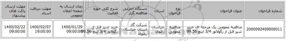 مناقصه عمومی یک مرحله ای خرید شیر قبل از رگولاتور 3/4 اینچ 99.56