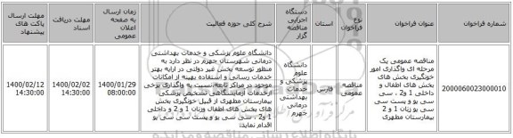 مناقصه عمومی یک مرحله ای واگذاری امور خونگیری بخش های بخش های اطفال و  داخلی 1 و2 ، سی سی یو و پست سی سی یو زنان 1 و 2 بیمارستان مطهری 