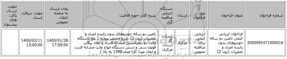 فراخوان ارزیابی کیفی تامین دو ساله خودروهای بدون راننده  امداد و تعمیرات (زون 2)