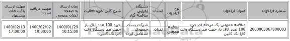 مناقصه عمومی یک مرحله ای خرید 100 عدد اتاق بار جهت صد دستگاه وانت کارا تک کابین 