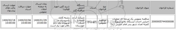 مناقصه عمومی یک مرحله ای عملیات اجرایی احداث ایستگاه بالابر شهرک کمیته امداد شهر بندر امام خمینی (ره)