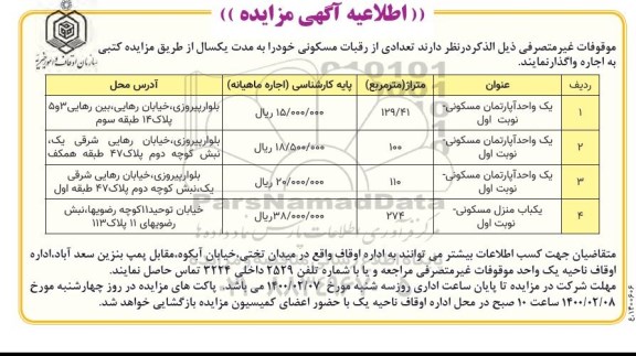 مزایده اجاره واگذاری آپارتمان مسکونی 
