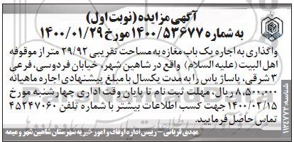 مزایده، واگذاری به اجاره یک باب مغازه