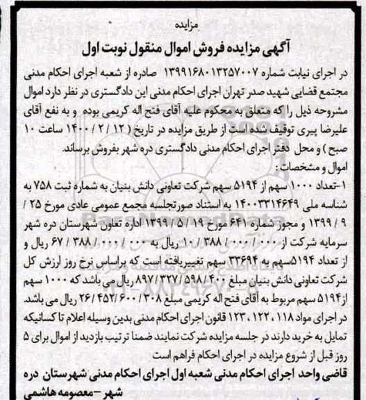 مزایده،مزایده 1000 سهم از 5194 سهم شرکت تعاونی دانش بنیان