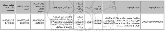 مناقصه عمومی یک مرحله ای واگذاری امور مرتبط با خدمات نظافت و باربری و پشتیبانی مرکز تجزیه و مبادلات و پست تهران و واحدهای ستادی