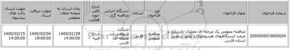 مناقصه عمومی یک مرحله ای عملیات بازسازی و مرمت ایستگاههای هیدرومتری و تبخیر سنجی استان فارس