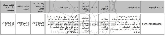 مناقصه عمومی همزمان با ارزیابی (فشرده) دو مرحله ای نگهداری ، سرویس و راهبری کلیه قسمت های تاسیسات مکانیکی ، الکتریکی و ساختمانی ساختمان موتور خانه مرکزی 