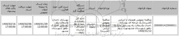 مناقصه عمومی همزمان با ارزیابی (فشرده) یک مرحله ای بهسازی ،احداث وآسفالت راه روستایی مارشک -بلغور  شهرستان مشهدنوبت سوم 1400/31/12