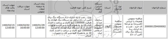 مناقصه عمومی همزمان با ارزیابی (فشرده) دو مرحله ای خرید ، نصب و راه اندازی سه دستگاه دیگ برای تأمین آب داغ