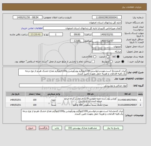 استعلام ایران کدمشابه است.مورددرخواستی100کیلوگرم پودرآویشن و100کیلوگرم نعناع خشک هردو از نوع درجه یک.کلیه اقدامات و هزینه حمل بعهده تامین کننده.