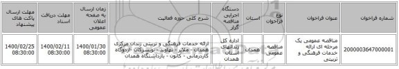مناقصه عمومی یک مرحله ای ارائه خدمات فرهنگی و تربیتی