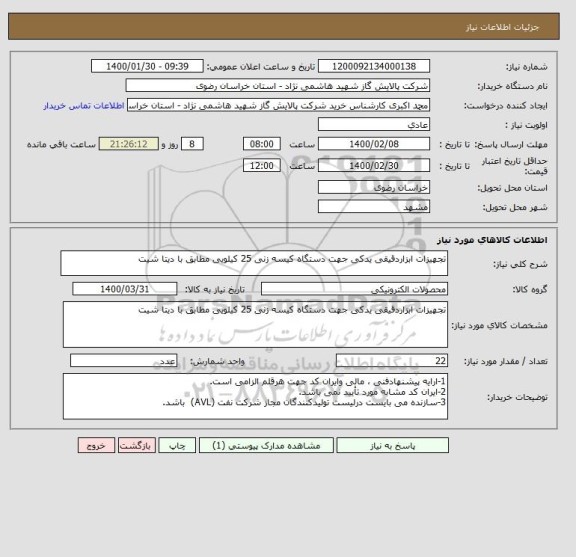 استعلام تجهیزات ابزاردقیقی یدکی جهت دستگاه کیسه زنی 25 کیلویی مطابق با دیتا شیت 