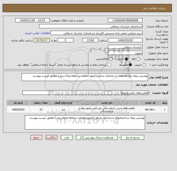 استعلام پوشش بیمه ساختمانهای استانداری شامل (حریق-انفجار--ساعقه-زلزله-سیل) مطابق لیست پیوست