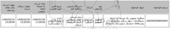 مناقصه عمومی یک مرحله ای اجرای جدولگذاری –دیوار سنگی و آسفالت روستاهای خرمدرق شهرستان چاراویماق