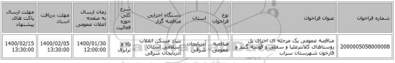مناقصه عمومی یک مرحله ای اجرای  پل روستاهای کلانترعلیا و سفلی و قوشه گنبد و قارخون شهرستان سراب 